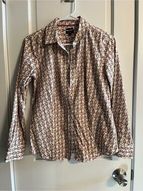 Talbots Cream Button-Down Shirt with Red and Brown Chain Print